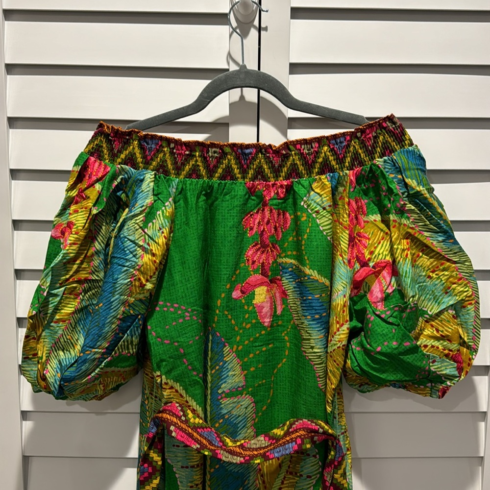 FARM Rio NWT Banana Leaves Off the Shoulder Midi Dress W/Belt and Puff Sleeves. - Picture 10 of 14